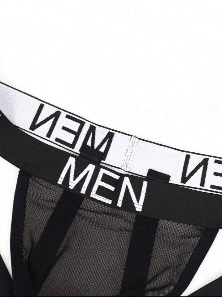 Men's slim fit sexy black hollow-out mesh briefs